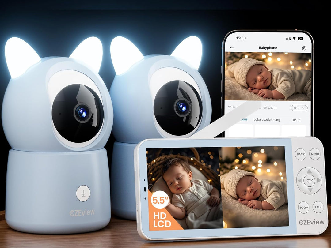 CZEview BM6 Babyphone mit 2 Kameras 2K & 4X Zoom, 5.5" HD Babyfon mit App (Blau mit 2 Kameras), Blau