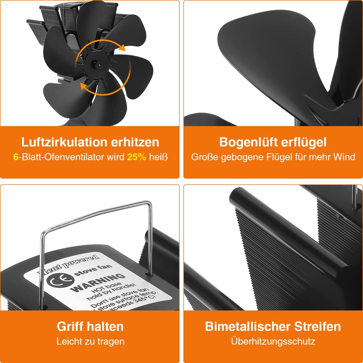 Tubiaz 6 Blättern Kaminventilator, Ofenventilator hitzebetrieben, Kamin Ofen Ventilator für Holzbren