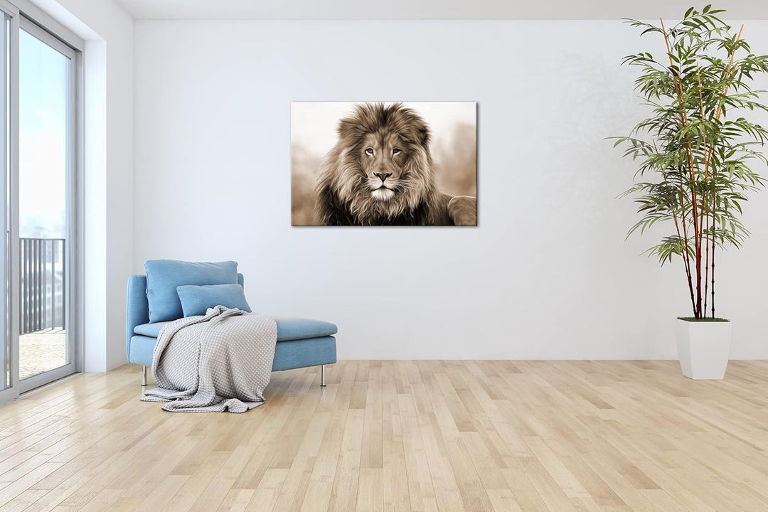 deyoli Stolzer Löwe Effekt: Sepia Format: 80x60 als Leinwandbild, Motiv fertig gerahmt auf Echtholzr