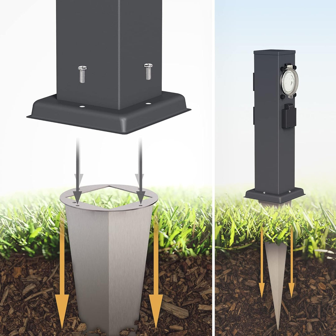 ledscom.de Garten-Steckdosen-Säule Polly mit Erdspiess für aussen, IP44, 3-Fach mit Timer/Zeitschalt