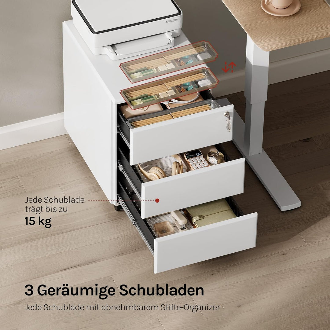 WOLTU Rollcontainer Metall, Mobiler Aktenschrank Büroschrank mit 3 Schubladen Bürocontainer, abschli