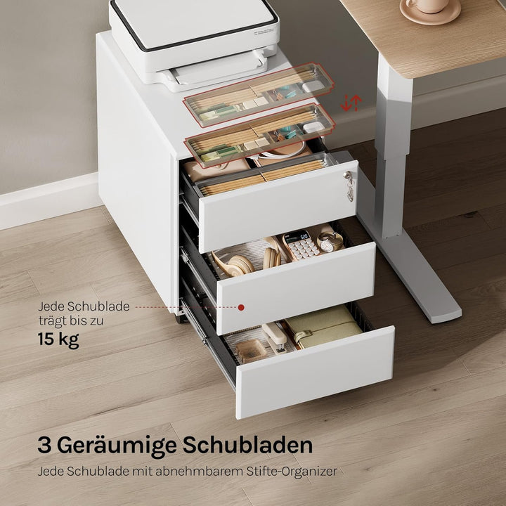 WOLTU Rollcontainer Metall, Mobiler Aktenschrank Büroschrank mit 3 Schubladen Bürocontainer, abschli