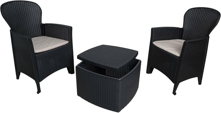 Dmora Gartenset mit Kissen, 2 Sesseln und 1 Outdoor-Container-Tisch, Made in Italy, Farbe Anthrazit