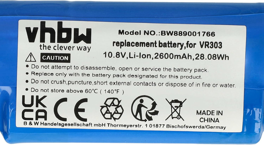 vhbw 1x Akku kompatibel mit Vileda VR 201 PetPro, VR 303 Saugroboter (2600 mAh, 10,8 V, Li-Ion)