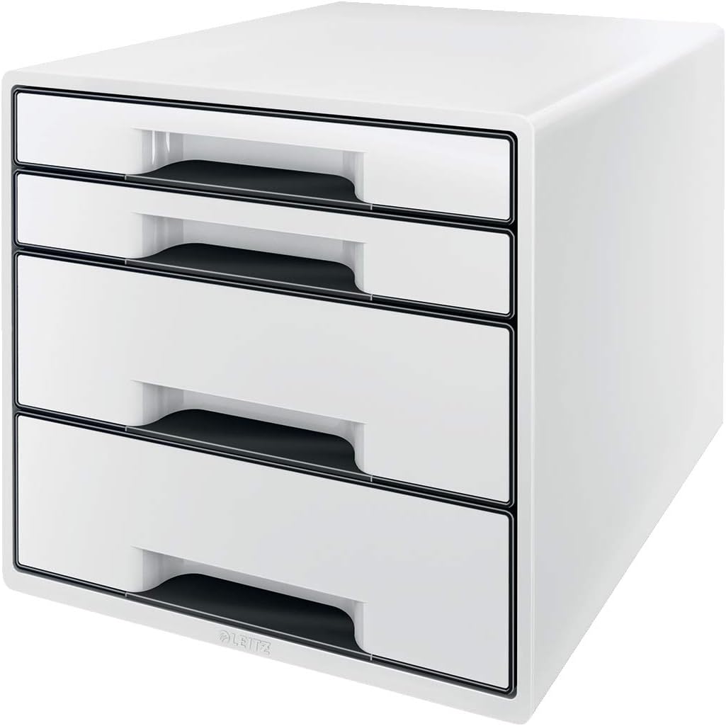 Leitz CUBE Schubladenbox mit 4 Fächern, A4, Inkl. transparentem Schubladeneinsatz, Weiss /Schwarz, W