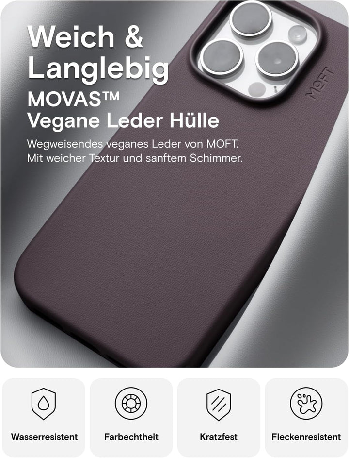 MOFT Magnetische Hülle für iPhone 15 Pro Kompatibel mit MagSafe, MOVAS Vegane Lederhülle, Weiches Be