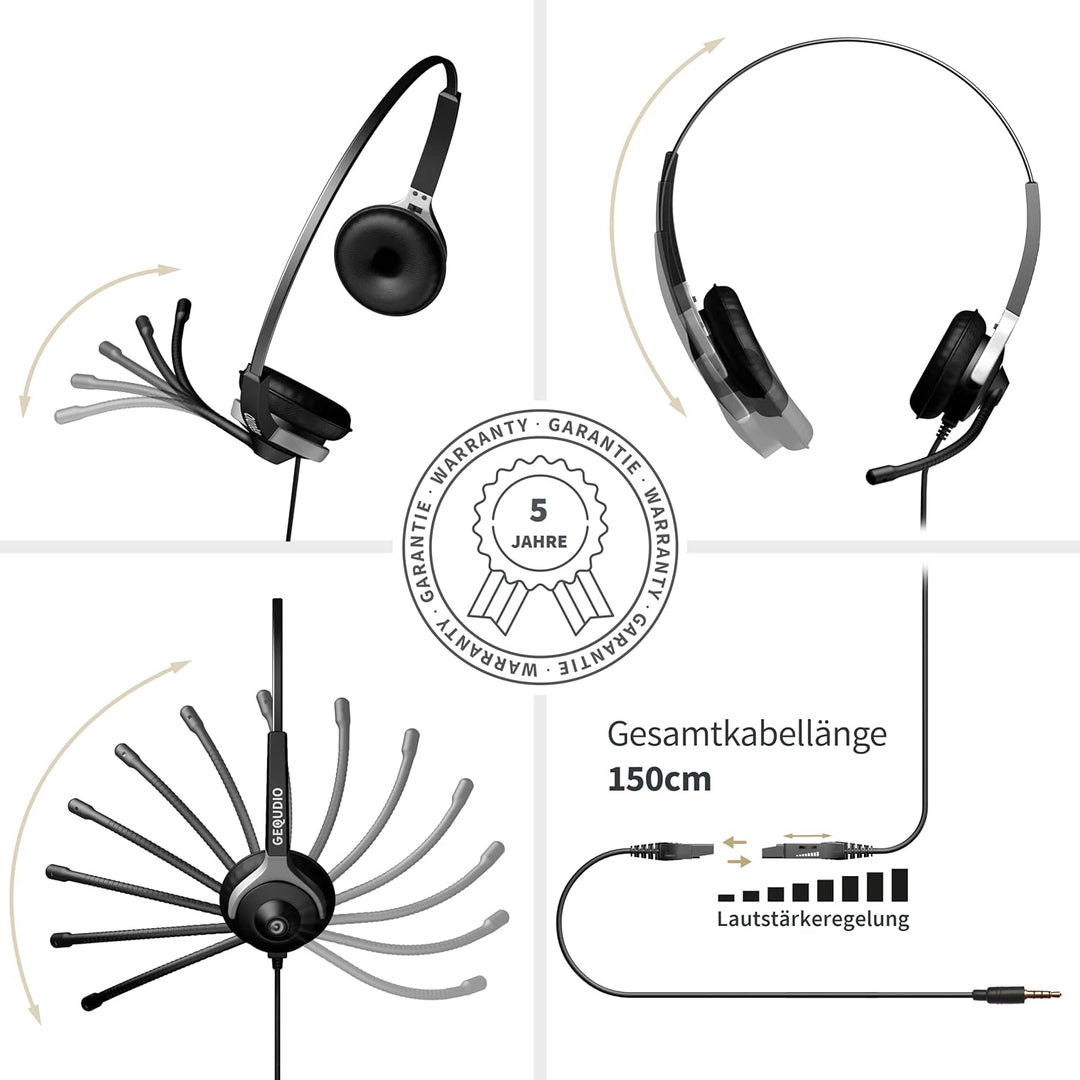 GEQUDIO Headset mit 3,5mm Klinke kompatibel mit FritzFon C6, X6, MacBook, Smartphone, Speedphone, No