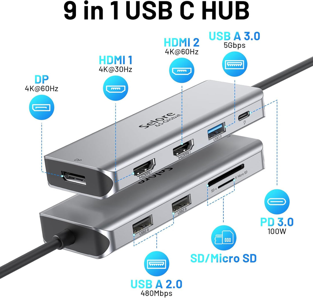 USB C Dockingstation Triple Display Dual HDMI Adapter, 9 in 1 Laptop Docking Station zu Displayport