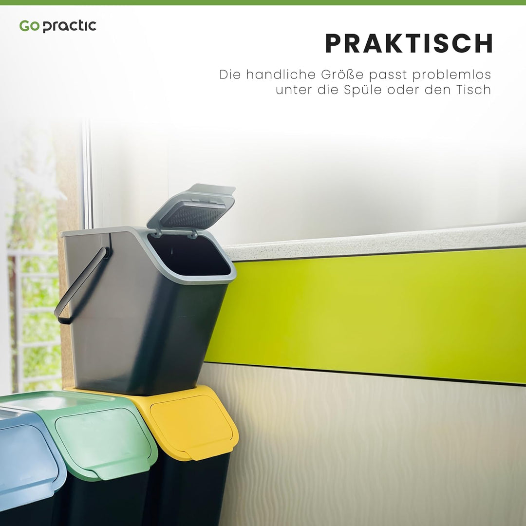 Go Practic 4-er Mülleimer-Set Küche Mülltrennsystem 4x Mülleimer 35l mit Deckel Stapelbar CLICK-Funk