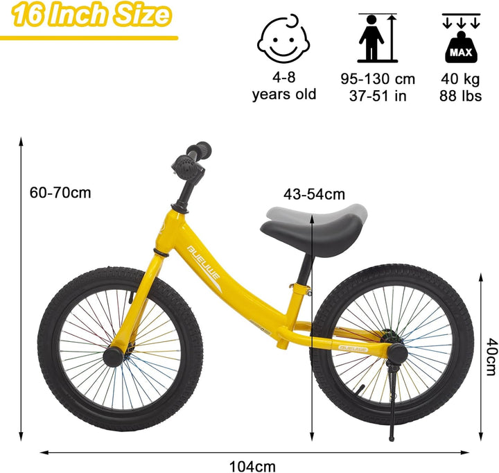 Bueuwe Kinder Laufrad 16 Zoll ab 4-7 Jahre für Mädchen und Junge, Kinderlaufrad mit Verstellbarem Sa