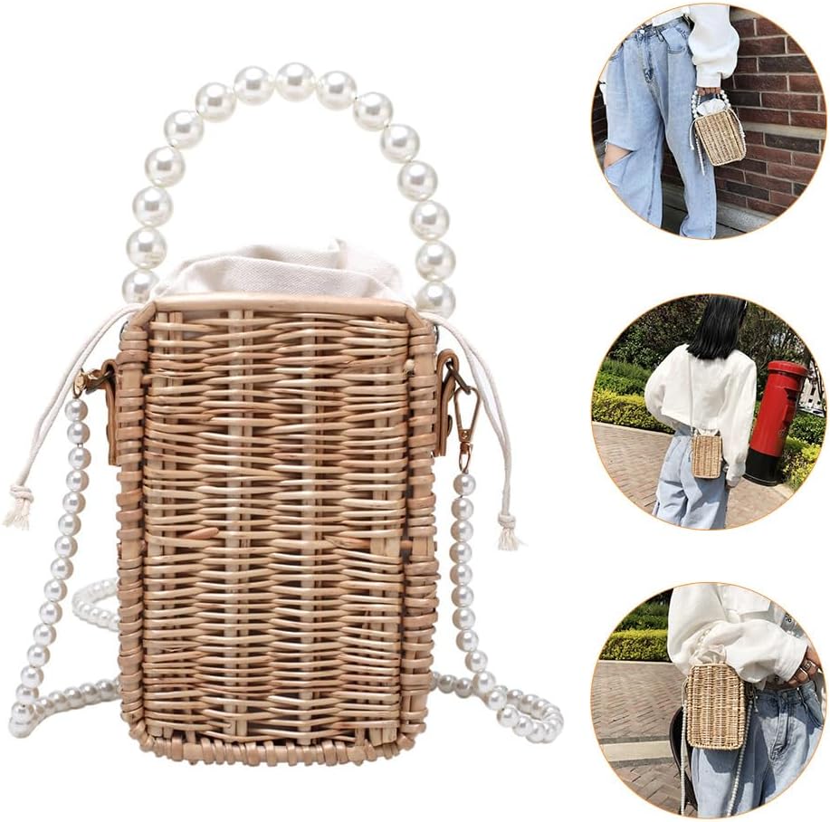 Amosfun Rattan Umhängetaschen Handgemachte Stroh Taschen mit Perlen Perlen Schulter Gurt Und Griff B