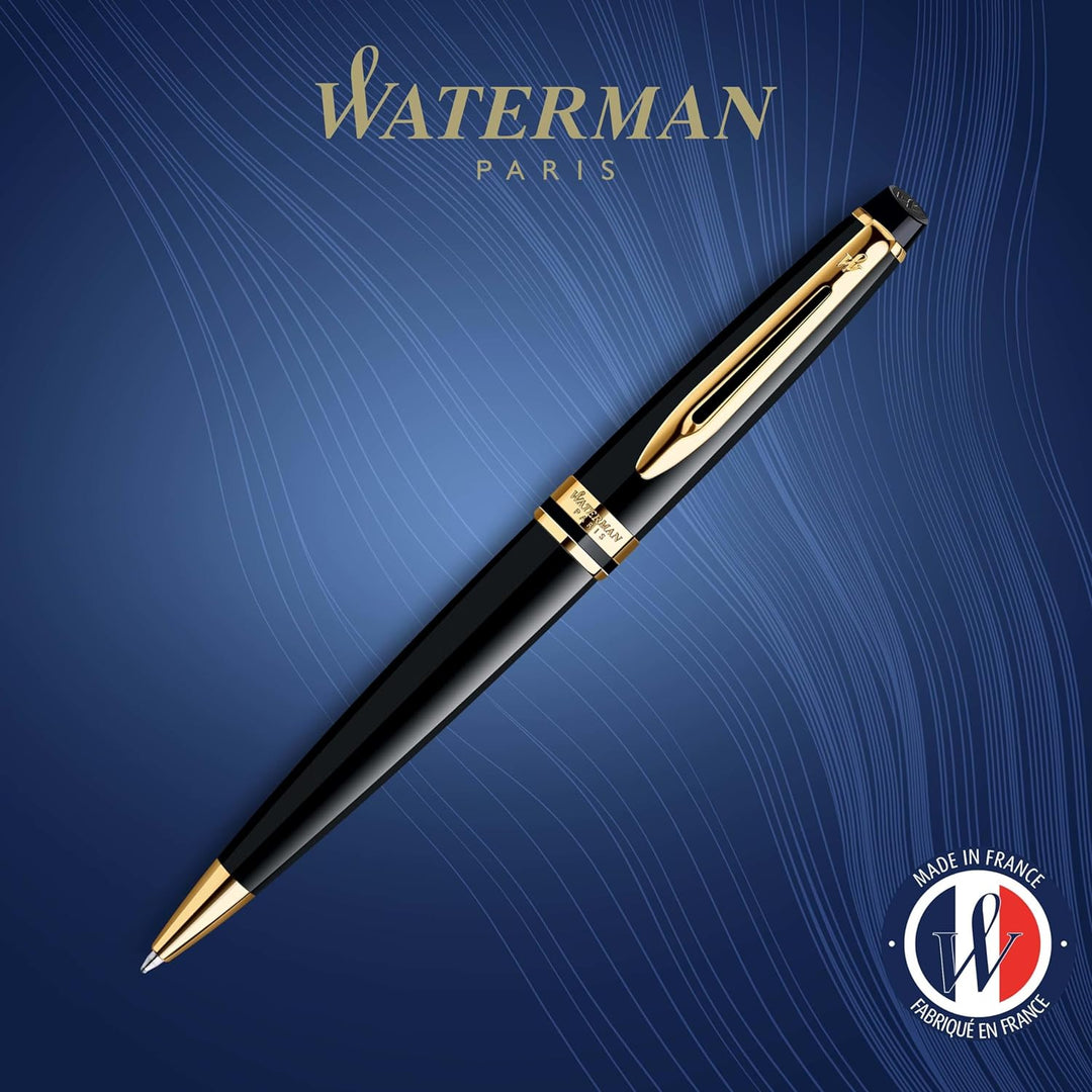 Waterman Expert Kugelschreiber | Hochglänzend Schwarz mit Zierteile aus 23 K Gold | Mittlere Spitze
