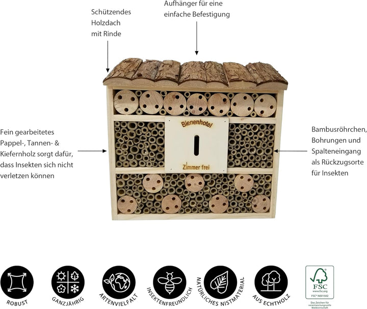 Dehner Natura Insektenhotel Andrena, ca. 29.5 x 9.5 x 28.5 cm, Kiefern-, Tannenholz/Bambus/Sperrholz