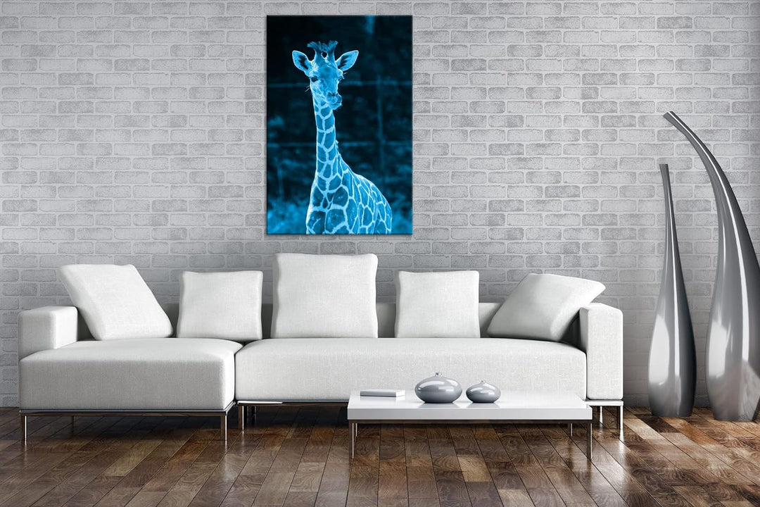 deyoli süsse junge Giraffe Format 100x70 Effekt: Monocrome Blau als Leinwandbild, Motiv fertig gerah