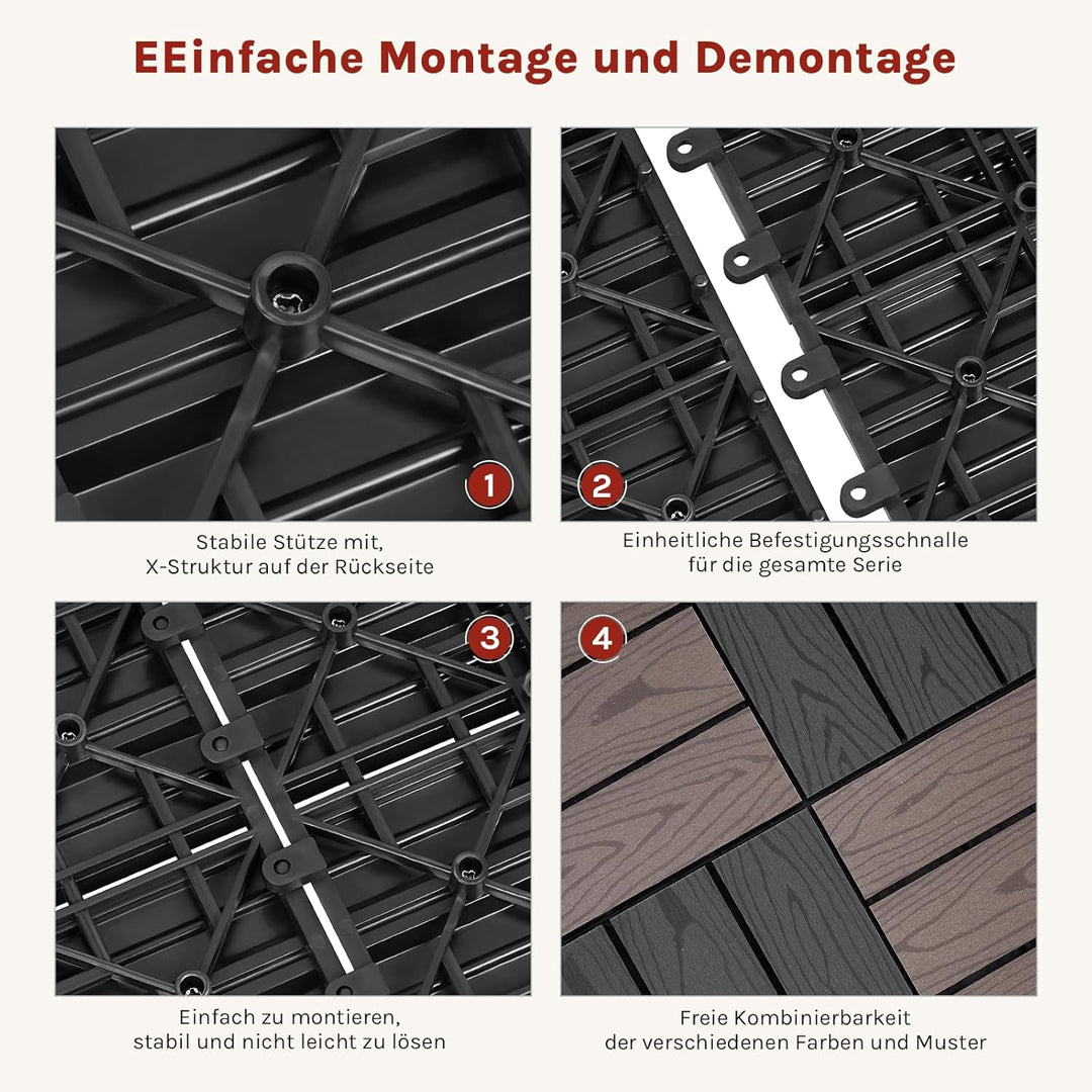 WOLTU WPC Terrassenfliesen Holzoptik Terrassendielen Fliese in Bodenbelag mit klicksystem, für Terra