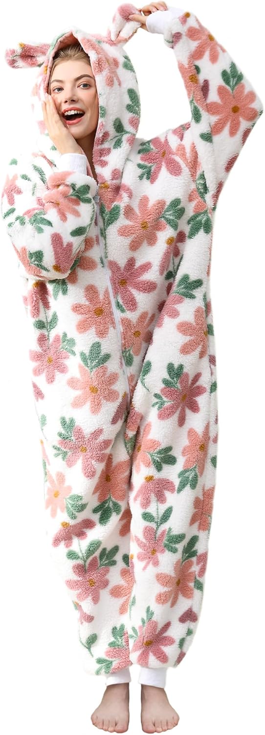 Focupaja Damen Fuzzy Pyjamas mit Kapuze Erwachsene Onesie Reissverschluss Warmes Fleece Gedruckt Wei
