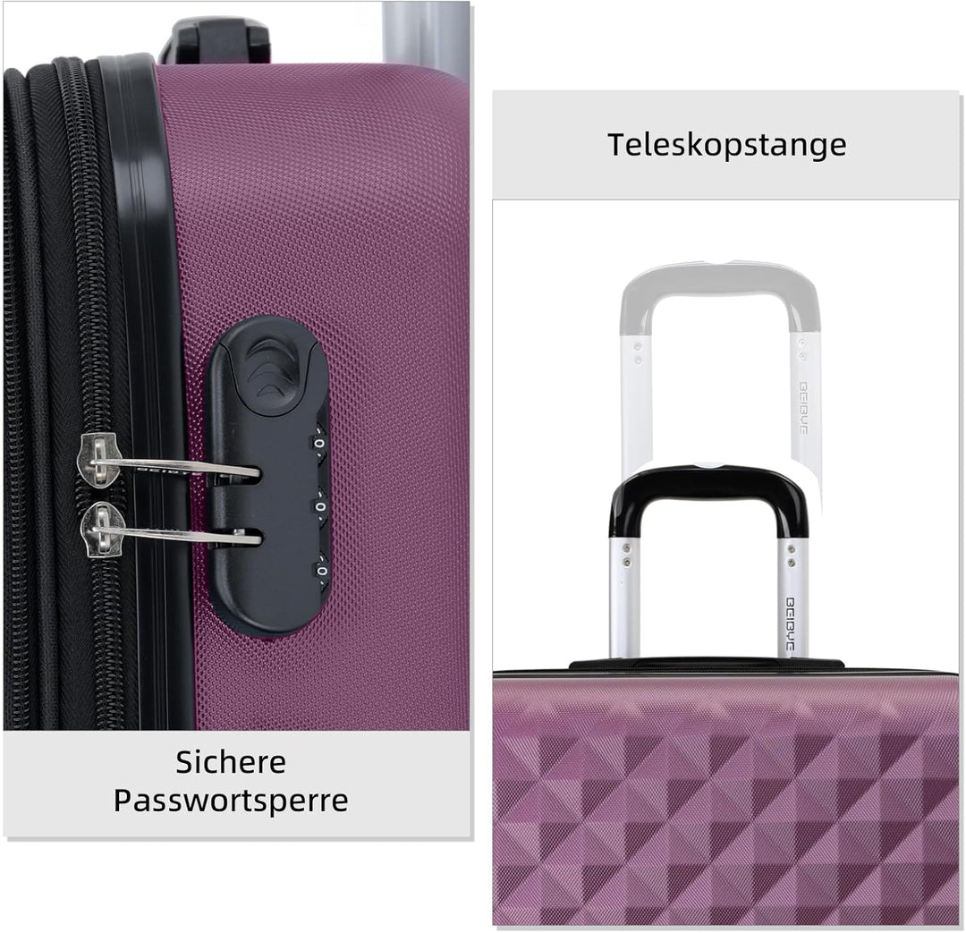 BEIBYE Zwillingsrollen 2066 Hartschale Trolley Koffer Reisekoffer Gepäck M-L-XL-Set (Violett, M) Vio