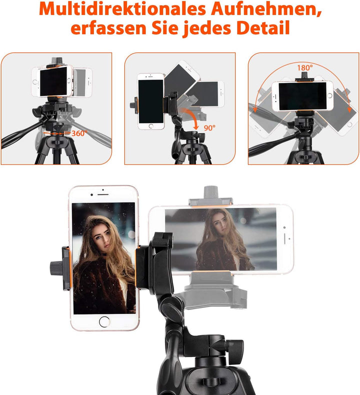 GEEKOTO Handy Stativ Ausziehbar, 54" Stativ für Smartphone mit 360-Grad-Panorama-Drehplattform und 1