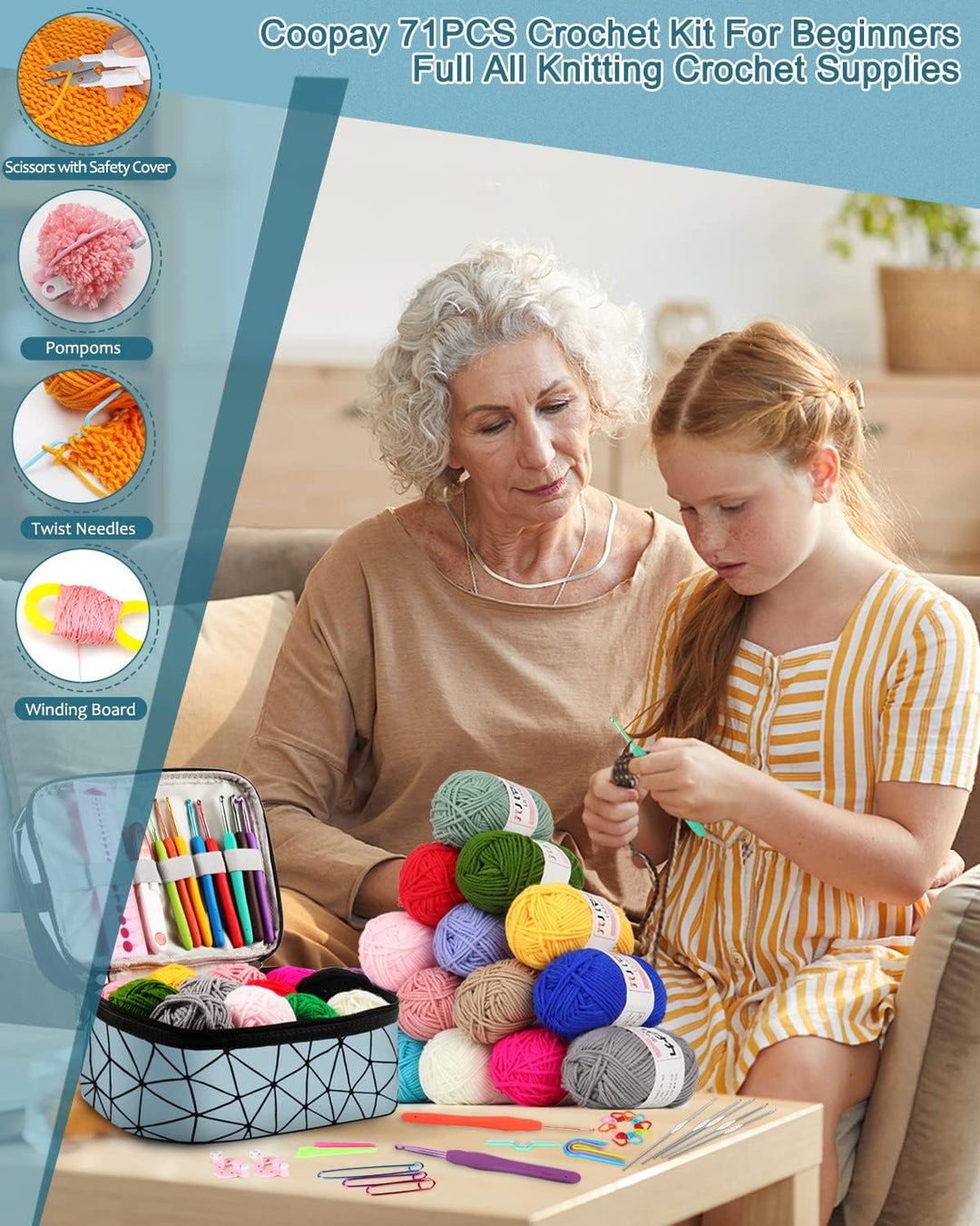 Coopay Häkelset für Anfänger, 71 Stück Häkelnadel Set mit Tasche und Wolle, Prämie Häkel Set mit Str