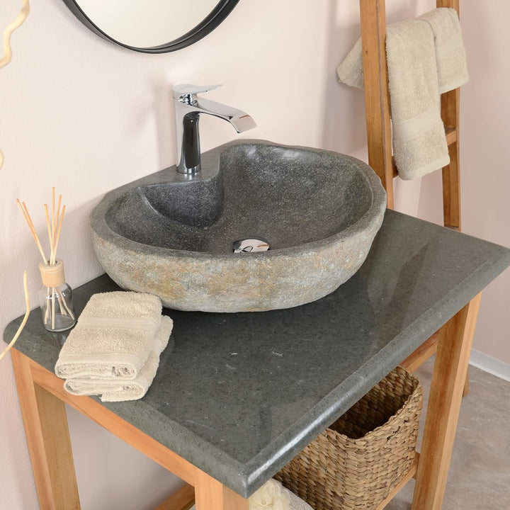 50 cm rundes Naturstein Waschbecken in grau mit Hahnloch von WOHNFREUDEN - Mit Unikatauswahl Auswahl
