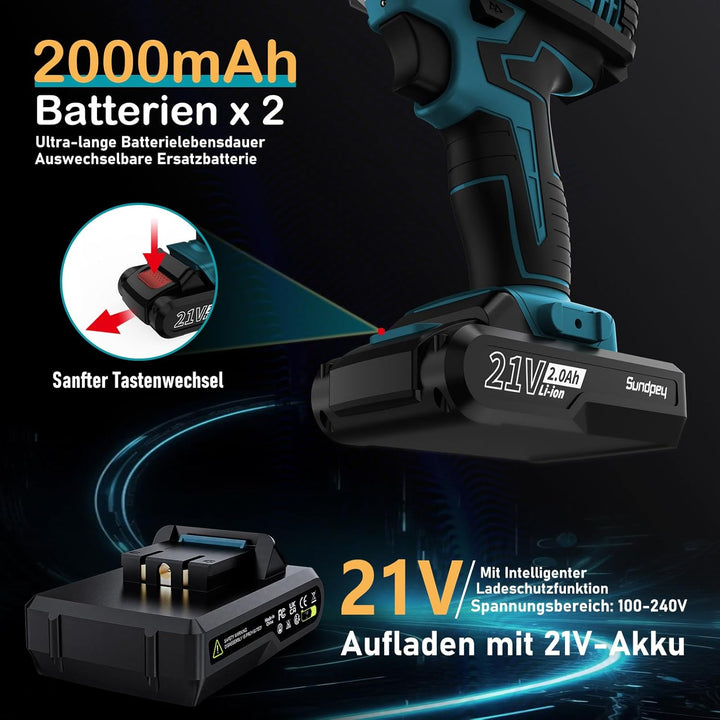 Sundpey Akkuschrauber 21V Akku Bohrmaschine - Akku Bohrschrauber mit 2x2000mAh Akku, 45 N.m Max, 2-G