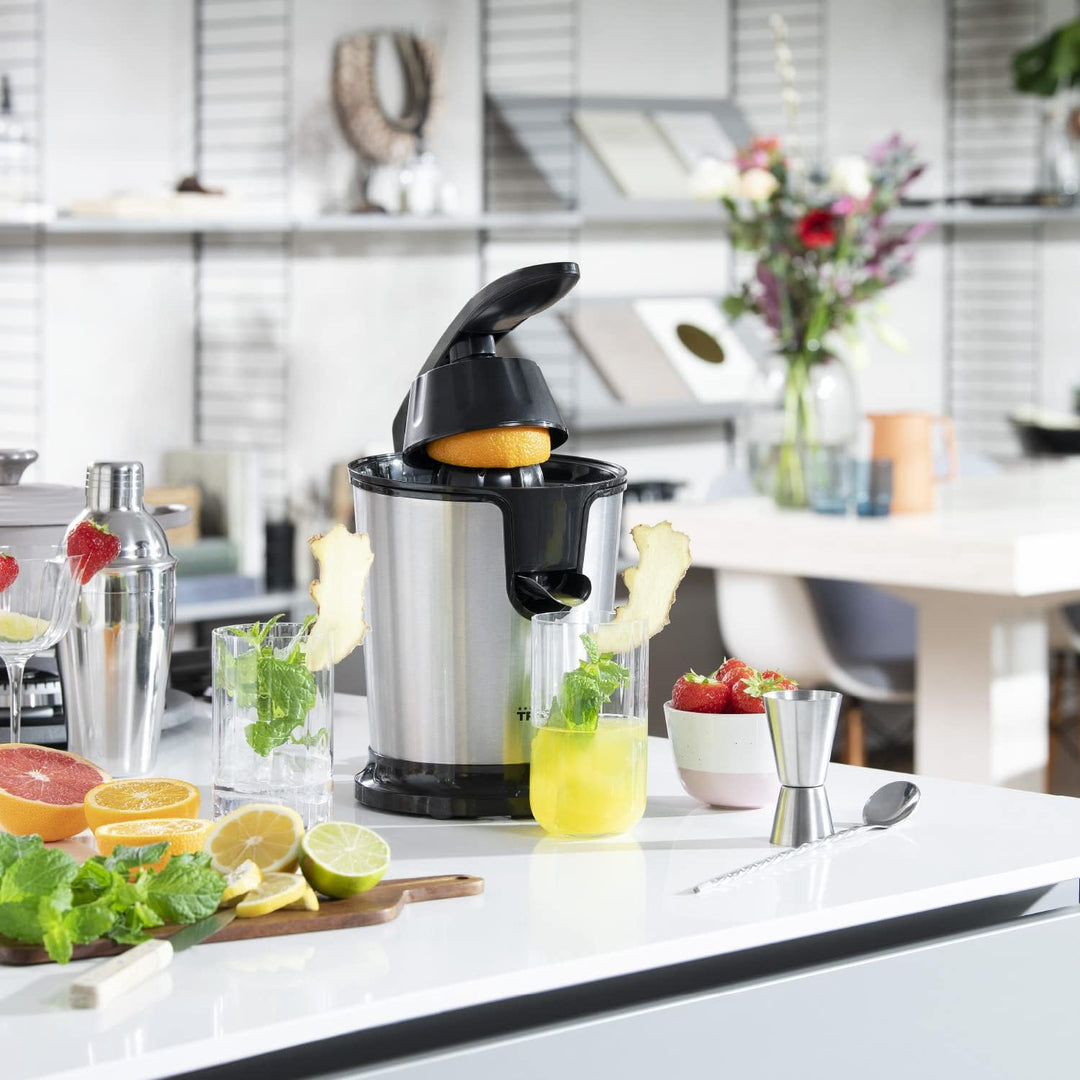 Tristar CP-3002 Zitruspresse – 2 Presskegel – Fruchtfleischfilter – Schwarz/Edelstahl 85 Watt, 85 Wa