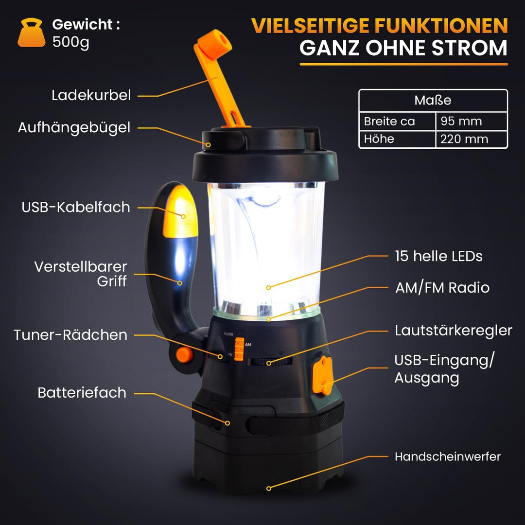 SELBST-SICHER 4in1 LED Laterne mit Batterie | Notfallradio | Powerbank | Handyladegerät | SOS-Sirene
