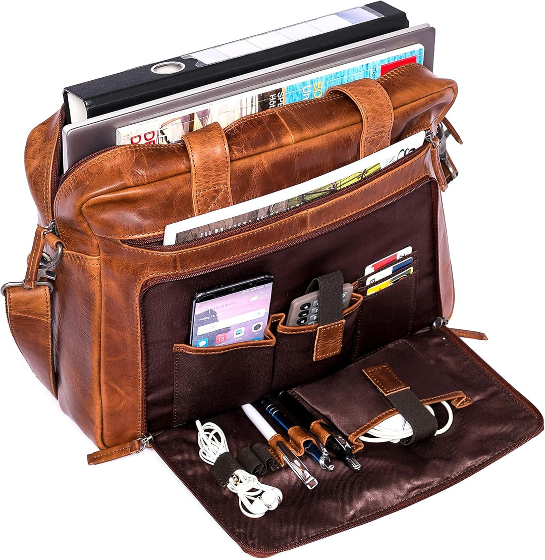 ALMADIH Leder Businesstasche Laptoptasche 15 Zoll Aktentasche BRUNO tolle Aufteilung Leder Business