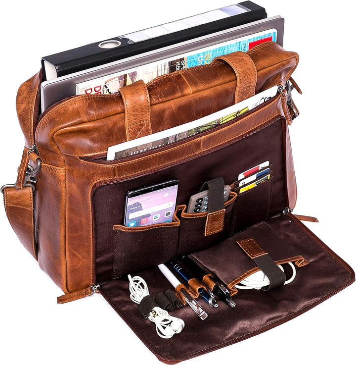 ALMADIH Leder Businesstasche Laptoptasche 15 Zoll Aktentasche BRUNO tolle Aufteilung Leder Business