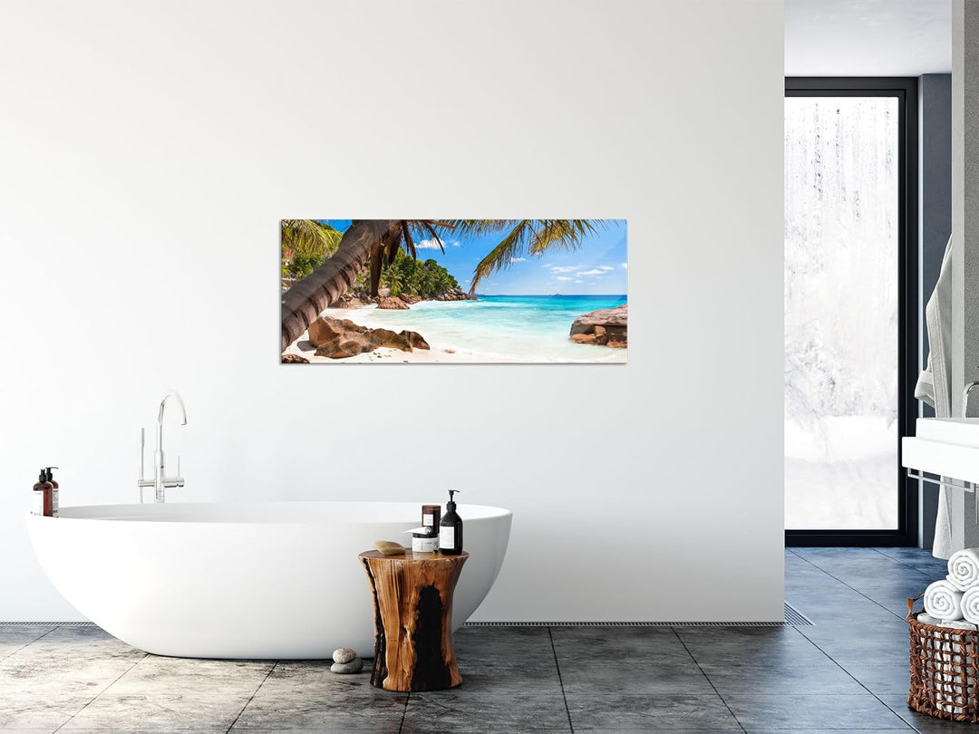 Glasbild Panorama | Wandbild aus Echtglas | Palmenstrand Seychellen | 100x40 cm | inkl. Aufhängung u