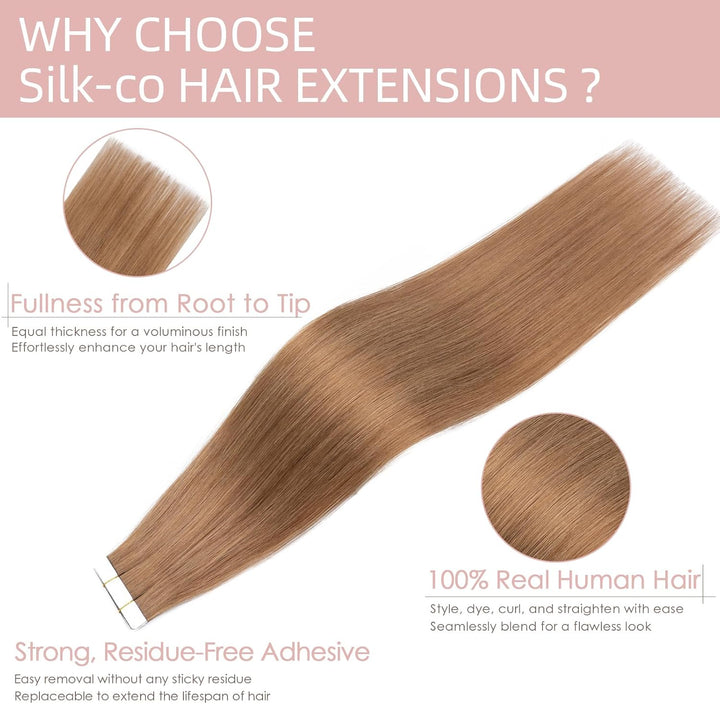 Silk-co Tape Extensions Echthaar 20stk, Haarverlängerung Tape in Extensions Echthaar, Remy Haarexten