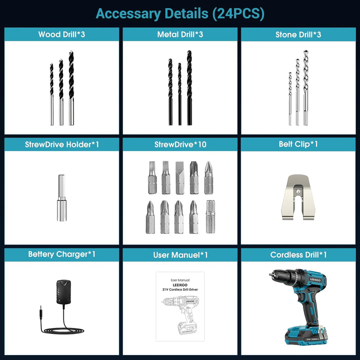 Akkuschrauber 21V, LEEIKOO Akku Bohrschrauber 42N.m, Akku Bohrmaschine, 25+3 Drehmomentstufen, 10mm