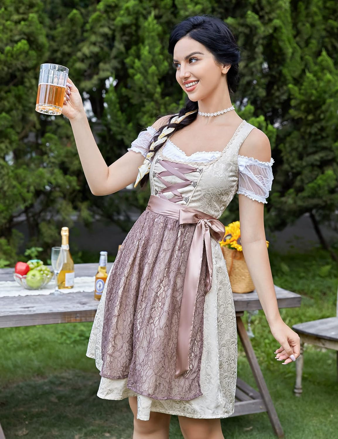 KOJOOIN Trachtenkleid Damen Dirndl Kurz Midi 3tlg. für Oktoberfest-DREI Teilig: Kleid, Bluse, Schürz