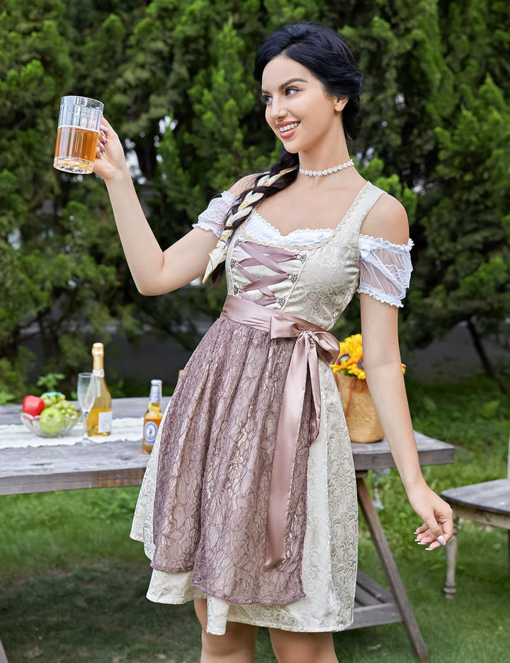 KOJOOIN Trachtenkleid Damen Dirndl Kurz Midi 3tlg. für Oktoberfest-DREI Teilig: Kleid, Bluse, Schürz