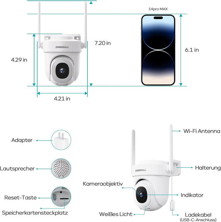 ZUMIMALL 5G/2,4GHz Überwachungskamera Aussen 2.5K 5MP WLAN Kamera Überwachung aussen Kabelgebunden,