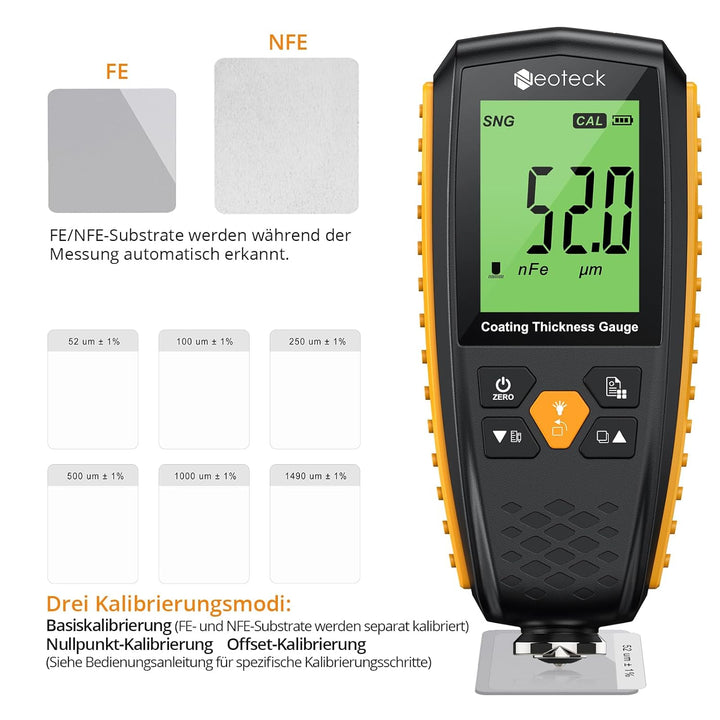 Neoteck Lackdickenmessgerät Wiederaufladbar Schichtdickenmessgerät Automatische Erkennung mit Lesero