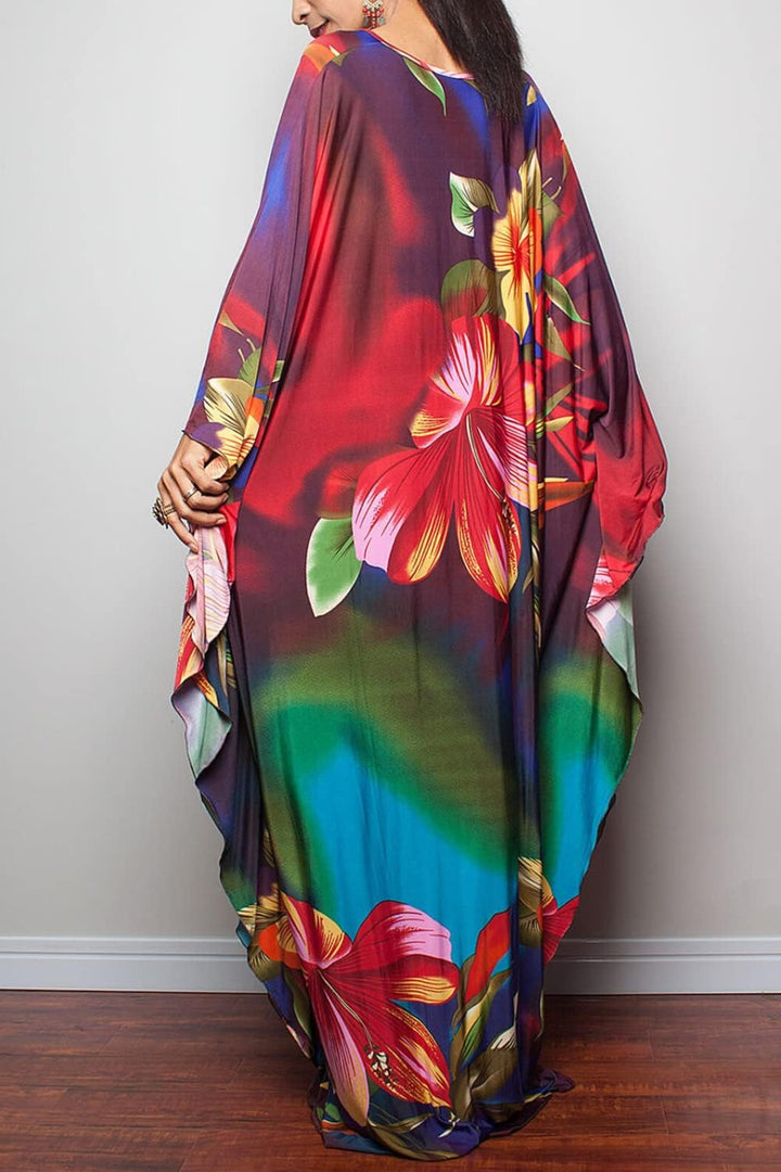 YouKD Sommer Geblümter Loser Kaftan Boho-Strand Bikini Aufdecken Kleid Plus Grösse Robe für Damen Ei