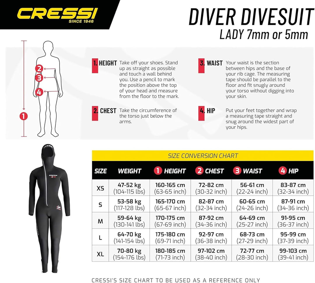 Cressi Diver Lady Monopiece Wetsuit - Premium Neoprenanzug für Damen mit Fester Kapuze - erhältlich