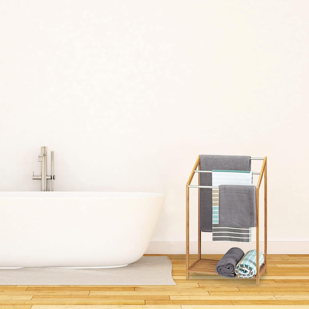 Relaxdays Handtuchhalter Bambus, 3 Handtuchstangen, Freistehend, Ablage, modern, HxBxT: 85 x 51 x 31