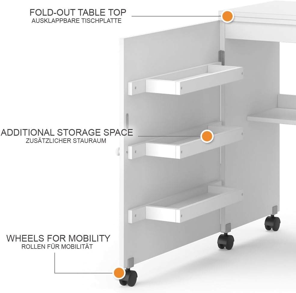 Vicco Nähtisch Carmen, Nähmaschinenschrank, Weiss, 118.5 x 79.5 cm mit 3 Regalen Weiss 118 cm, Wei&#