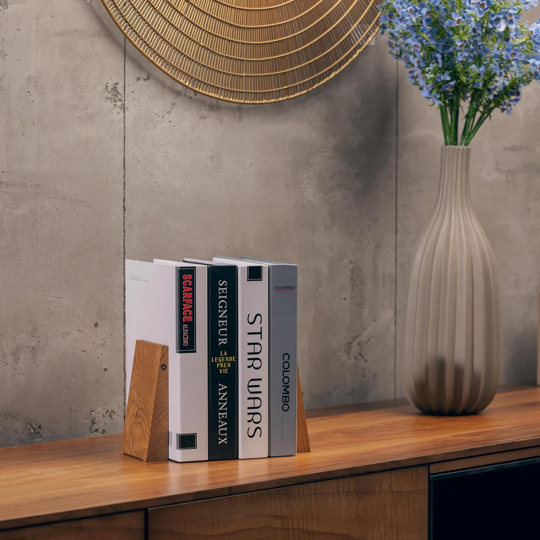 TILISMA Handgefertigte Kastanie Buchstützen für Regale-Bucherstützen aus Holz mit Metallbasis-Buchha