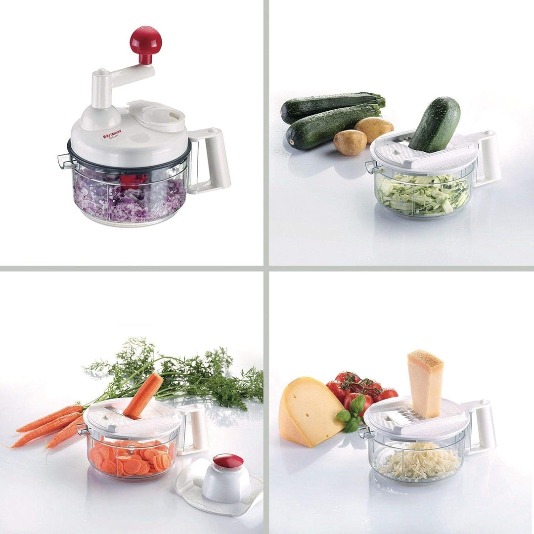 Westmark Manuelle Küchenmaschine, 9 in 1: Hobel, Reibe, Raspel, Schneider, Zitruspresse, Schaumschlä