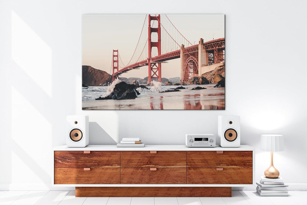 deyoli rote Golden Gate Brücke Format: 80x60 cm als Leinwandbild, Motiv fertig gerahmt auf Echtholzr