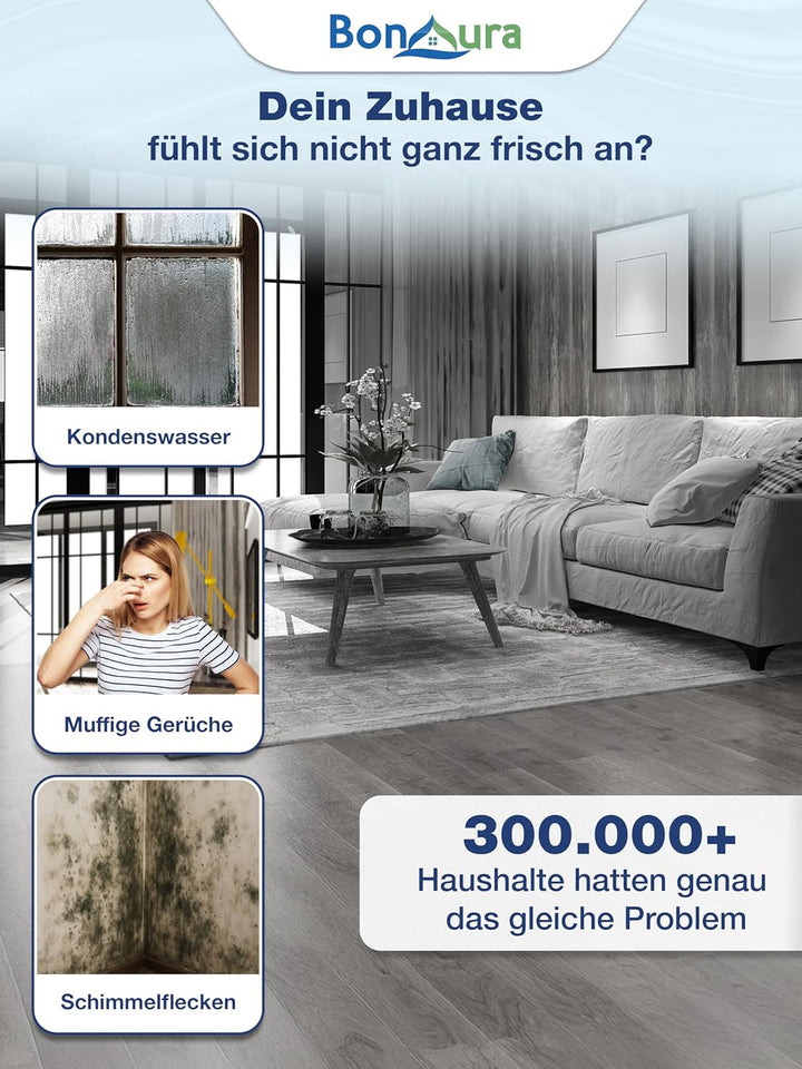 BonAura® AirOne Luftentfeuchter ohne Strom mit 360° Belüftung I Raumentfeuchter mit Ausgiesser & 680