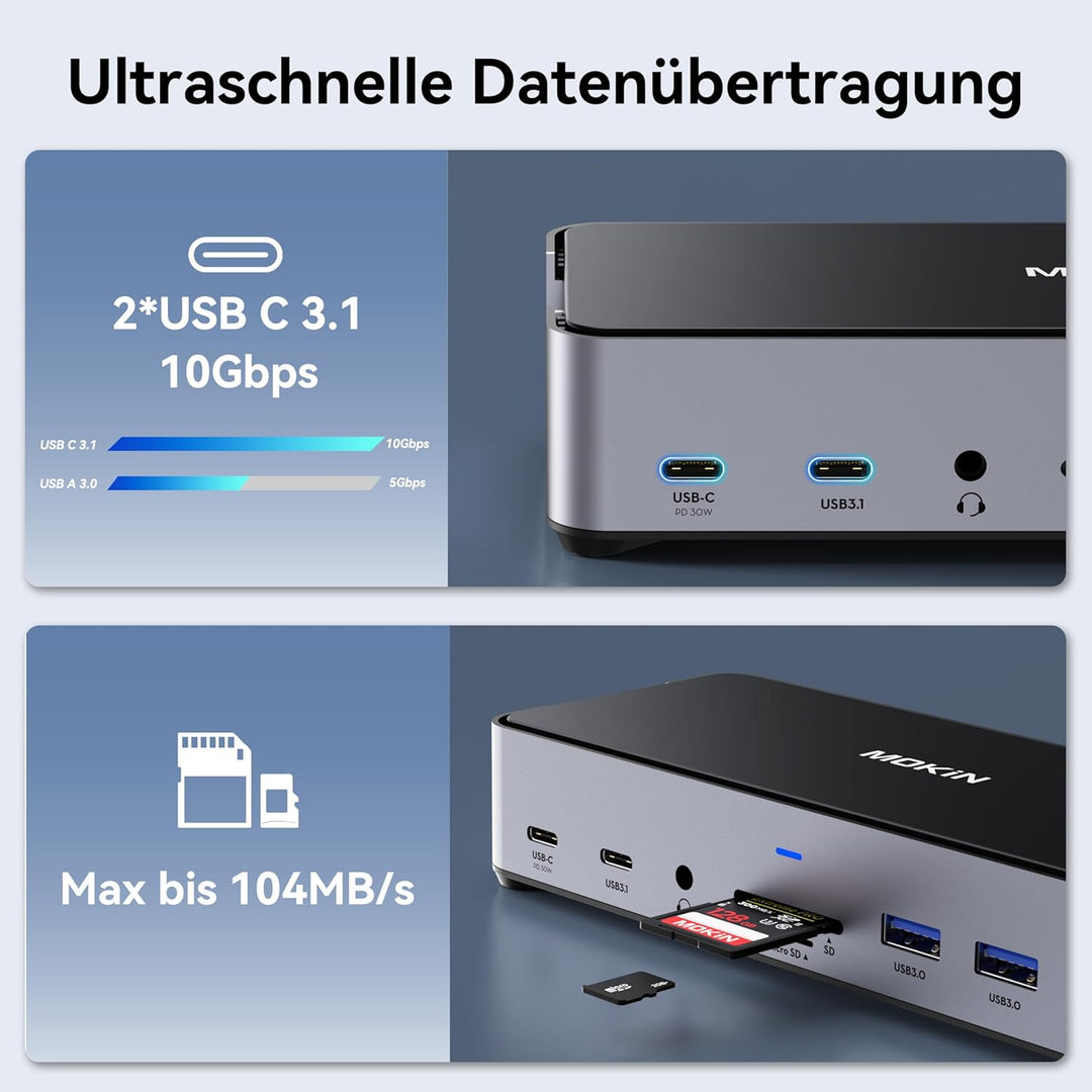 USB C Docking Station 3 Monitors, Triple Display Dock mit 2 HDMI DP 4K@144Hz, 15 in 1 Laptop Docking