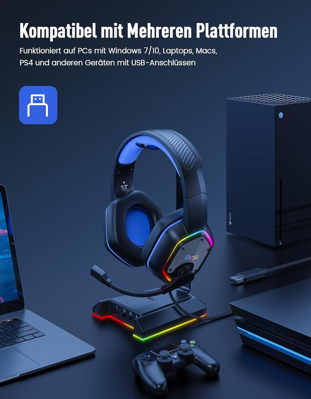 EKSA Headset USB mit Mikrofon, PC Headset Blau, 7.1 Surround-Sound für Exakte Feindortung im Spiel,