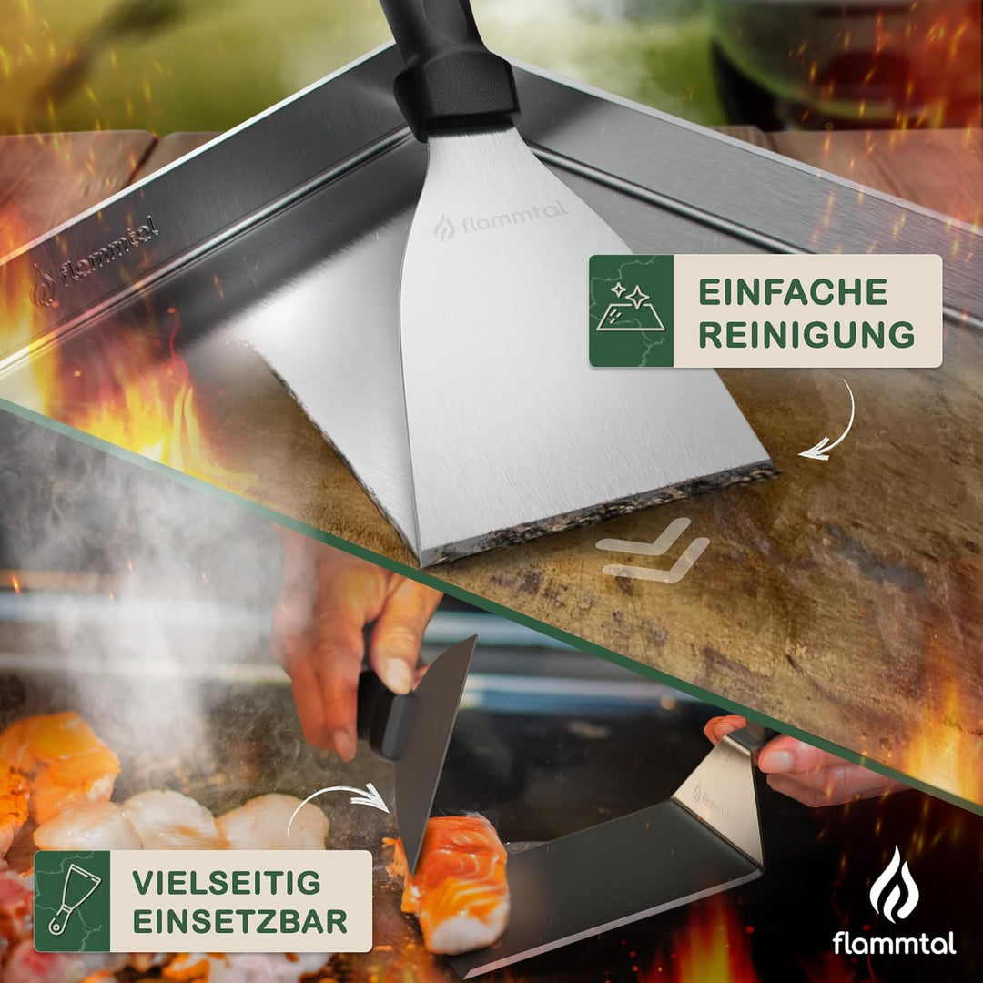 flammtal Grillspachtel Set aus Edelstahl - Hochwertiger Plancha Spachtel inkl. 20x Burgerpapier fรผr