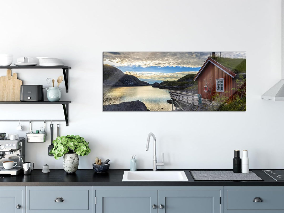 Glasbild Panorama | Wandbild aus Echtglas | Sonnenaufgang am Fjord Norwegens | 100x40 cm | inkl. Auf
