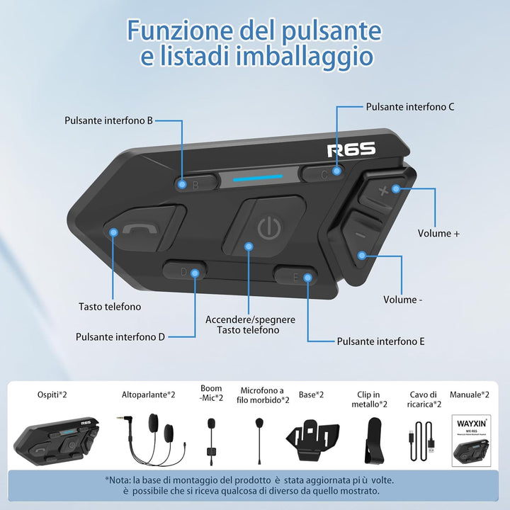 WAYXIN R6S Motorrad Headset 2 Pack Intercom Motorrad Kommunikationssystem für bis zu 6 Reiter 1200m