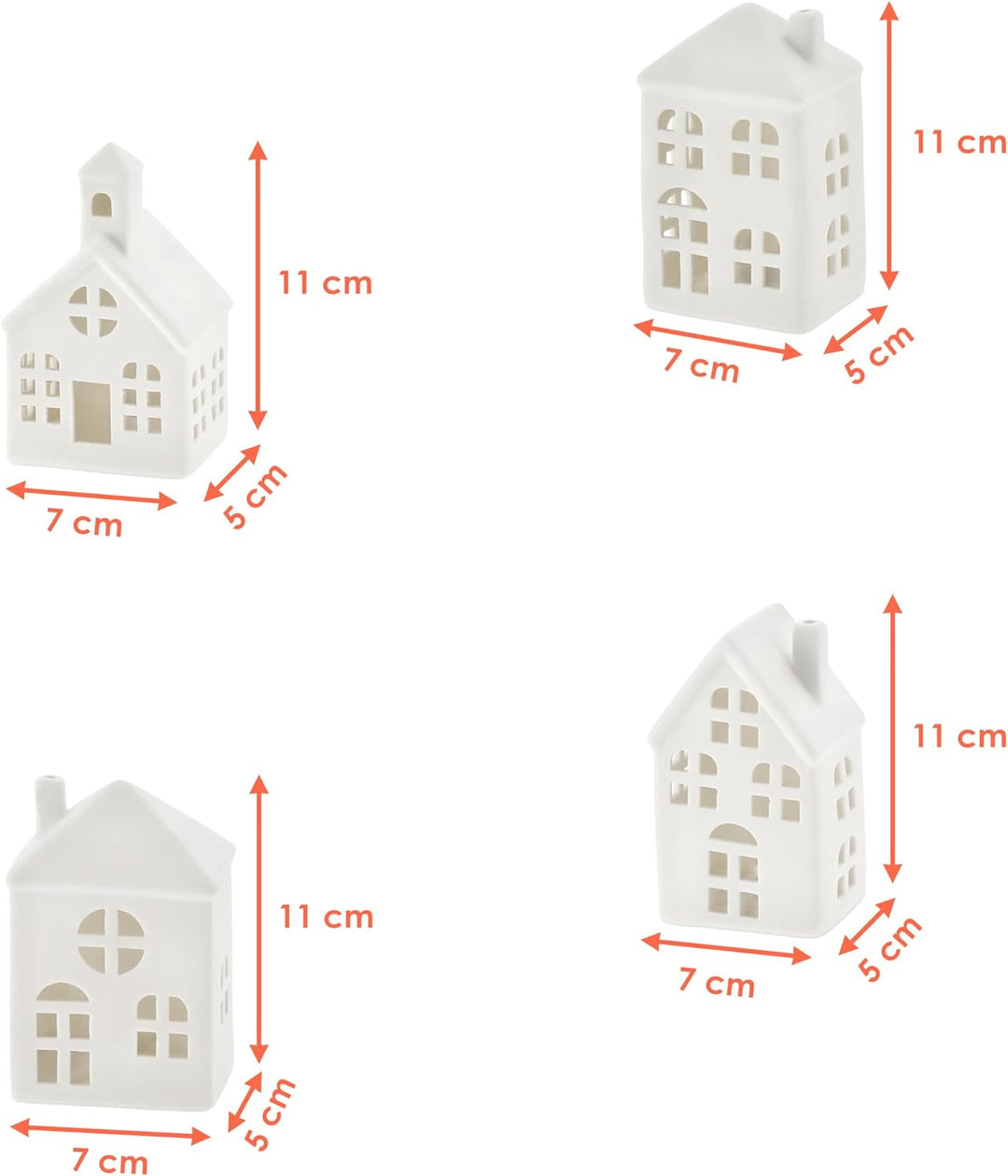 LED Keramik Haus weiss 11 cm - 4er Set - Deko Weihnachtsdorf mit Beleuchtung in warm weiss - Weihnac